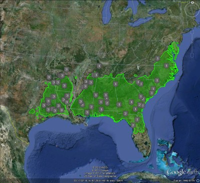 PINEMAP URF sites: tags labeled "1" denote locations of NCSU Cooperative Tree Improvement Program provenance tests; tags labeled "2" denote locations of Cooperative Forest Genetics Research Program provenance tests; and tags labeled "3" denote locations of Western Gulf Forest Tree Improvement Program provenance tests. Remote sensing image from Google Earth; range map from USDA Forest Service.